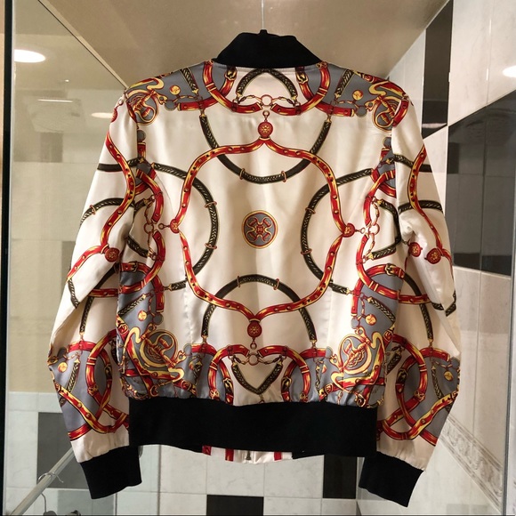 WDNY Scarf Print Satin Bomber Jacket S - Picture 2 of 8
